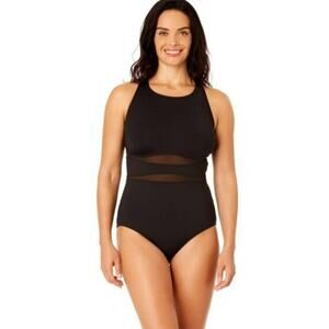Lands' End One Piece Swimsuit XL Mesh High Neck Crossback Slimming Black Modest